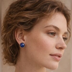 Lapis Gold Tone Button Stud Earrings